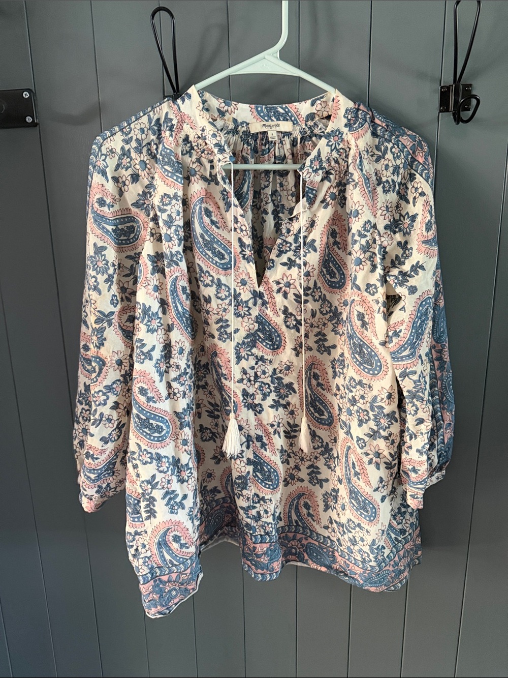 Madewell Boho Paisley Tie-Front Peasant Top - Blue & Pink